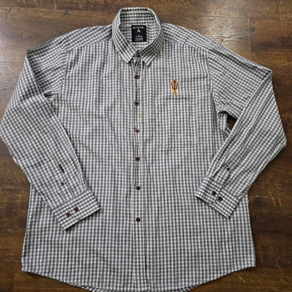 Antigua Mens XL ASU Sun Devils Gingham Button Down Shirt Grey White Long Sleeve